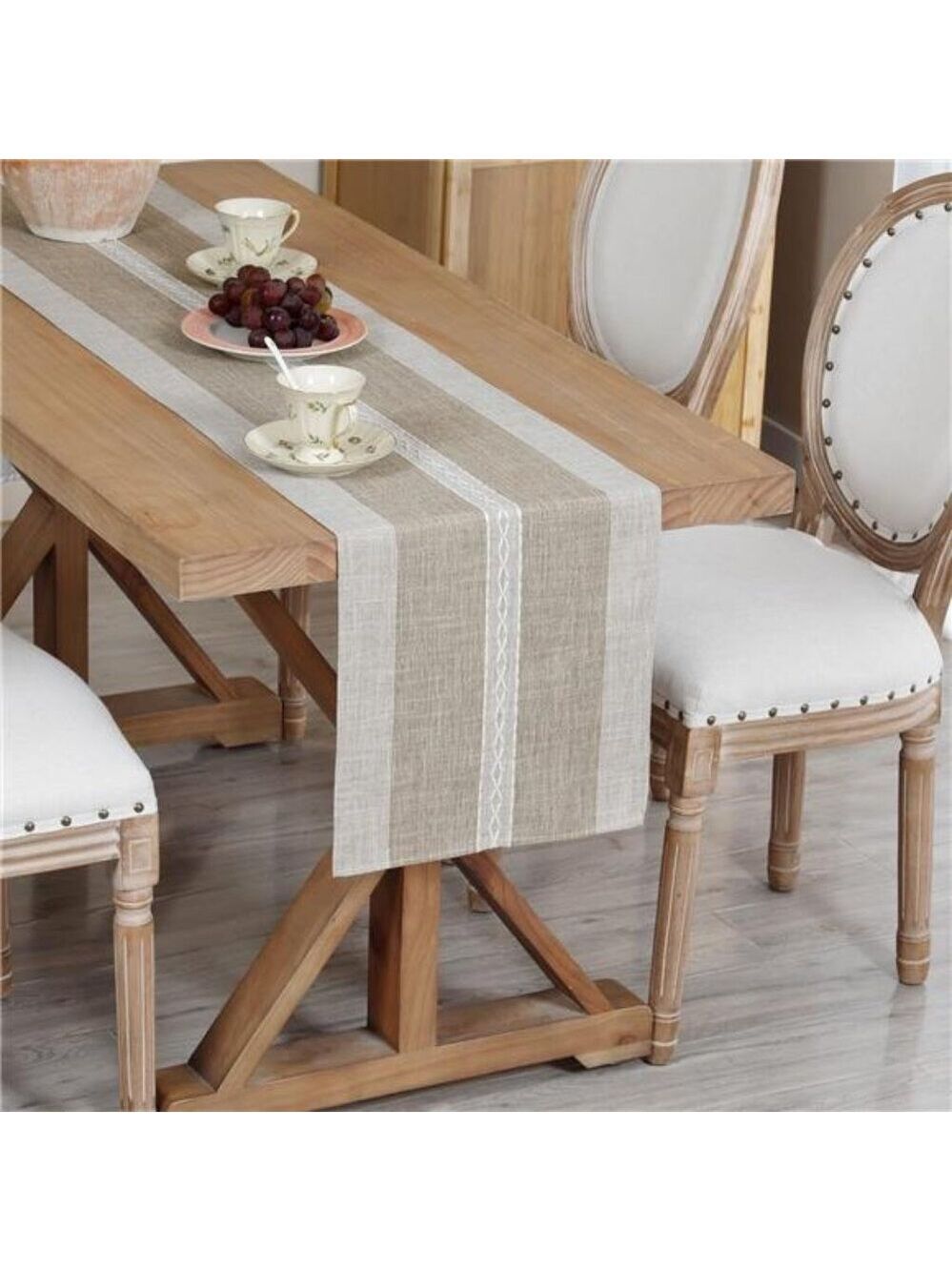 Farmhouse braided striped table runner rustic linen cotton embroidery 13x90